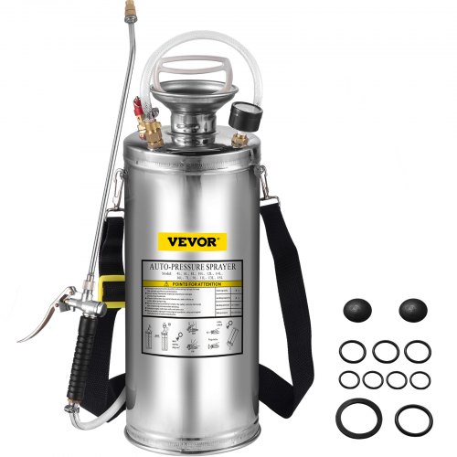 

VEVOR 2Gal Stainless Steel Sprayer, Set with 20" Wand& Handle& 3FT Reinforced Hose, Hand Pump Sprayer with Pressure Gauge&Safety Valve, Adjustable Nozzle Suitable for Gardening and Sanitizing