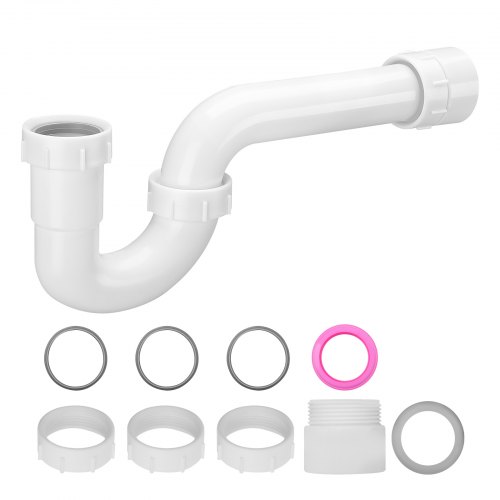 VEVOR P-Trap, 1-1/2 Inch P Trap Sink Drain Pipe Kit with Threaded Adapter and TPU Leak-Resistant Washers, PP Plastic Pipe Basin Waste Kit, Under Sink
