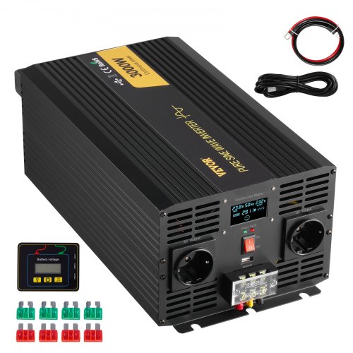 VEVOR Pure Sine Wave Inverter, 3000 Watt, DC 24V to AC 230V Power Inverter Car Inverter, with USB Port LCD Display Remote Controller and EU Outlets, for RV Truck Car Solar System Travel Camping