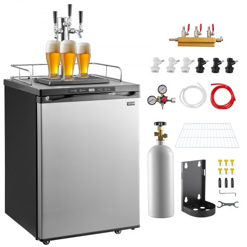 VEVOR Beer Kegerator, Triple Tap Home Draft Beer Dispenser for Ball Lock, Full Size Keg Refrigerator with 5lbs CO2 Tank, Hold 2 Sixth / 2 Slim / 3 Ball lock keg, 162L