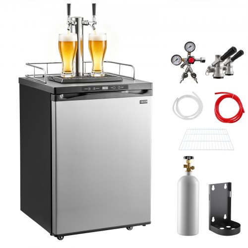 VEVOR Beer Kegerator, Dual Tap Draft Beer Dispenser, Full Size Keg Refrigerator With Shelf, CO2 Tank(No Gas), Drip Tray & Rail, 23°F- 82.4°F Temperature Control, 162L, Silver