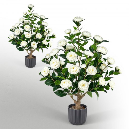 VEVOR Artificial Potted Camellias 34 in 2-Pack Fake Flower Plants White, for Porch, Patio, Entryway, & Home Decor, Indoor & Outdoor Use, Silk and PE Blooms in Pots, Ready to Display Faux Plants