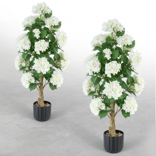 VEVOR Artificial Potted Hydrangeas 35 in 2-Pack Fake Flower Plants White, for Porch, Patio, Entryway, & Home Decor, Indoor & Outdoor Use, Silk and PE Blooms in Pots, Ready to Display Faux Plants