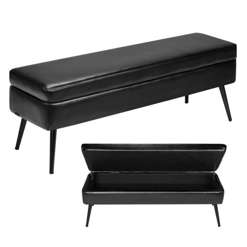 PU Leather Storage Ottoman Bench Shoe Seat with Storage & Metal Legs Black