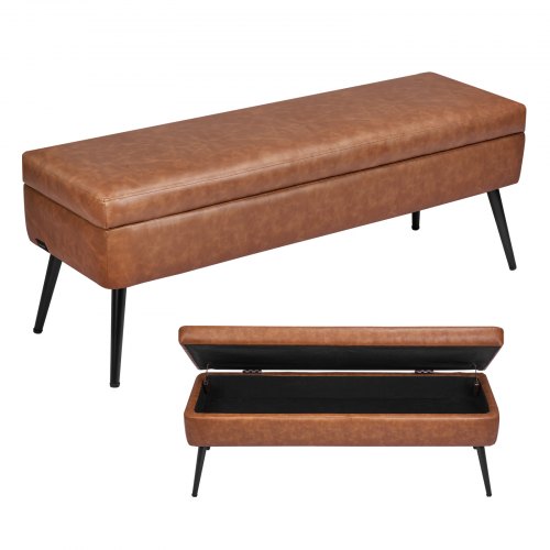 

VEVOR Leather Storage Ottoman Bench, PU Leather Bench with Storage and Metal Legs, Modern Shoe Benches Seat for Entryway, Upholstered End of Bed Benches for Living Room, Dining Room, Hallway, Brown