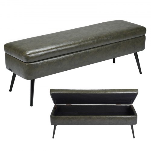 PU Leather Storage Ottoman Bench Shoe Seat with Storage & Metal Legs Green