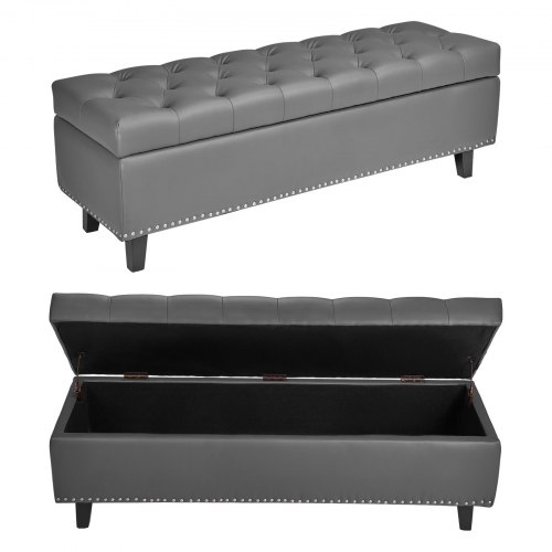 

VEVOR Button-Tufted Storage Ottoman Bench PU Leather Bench with Wood Legs Gray
