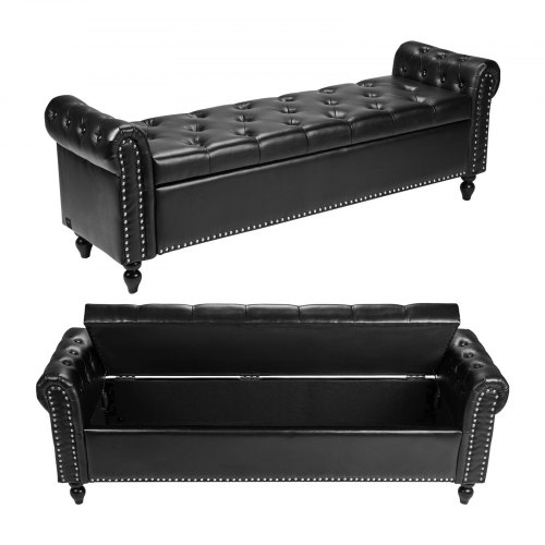 Button-Tufted Storage Ottoman Bench Rolled Arm PU Leather Wood Legs Black