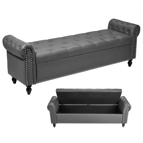 Button-Tufted Storage Ottoman Bench Rolled Arm PU Leather Wood Legs Gray