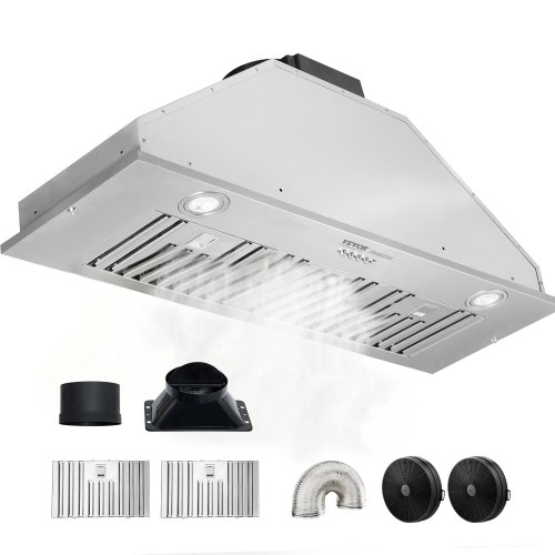 Vevor Insert Range Hood, 800CFM 3-Speed, 36 Inch Stainless Steel Built-in Kitchen Vent with Push Button Control LED Lights Baffle Filters, Ducted/Ductless Convertible, ETL Listed