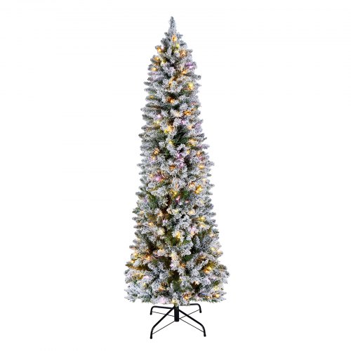 

VEVOR Christmas Tree, 6ft Prelit Flocked Artificial Tree, Full Holiday Xmas Deco Trees with 240 Colorful LED Lights, 11 Lighting Modes & 635 Branch Tips for Home Party Office Decoration