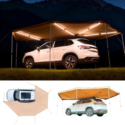 

VEVOR 270 Degree Awning with Bulit-in LED Lights, 10.9 ㎡ Driver Side Vehicle Awning, Waterproof UV50+ Car Side Awnings, All-Weather Free-Standing Overland Awnings Car Shelter for SUV Truck Camping