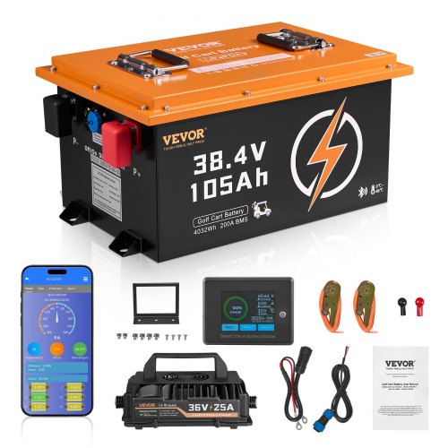 

VEVOR 36V 105Ah Golf Cart Lithium Battery, 36 Volt Golf Cart Battery with 200A BMS, Touch Monitor and Mobile APP, LiFePO4 Battery with 600A Peak Current, 20A Charger and 4000+ Cycles, for Golf Carts