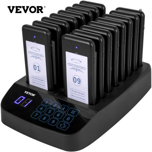 

VEVOR F101 Restaurant Pager System 16 Pagers, Max 98 Beepers Wireless Calling System, Touch Keyboard with Vibration, Flashing and Buzzer for Church, Nurse,Hospital & Hotel