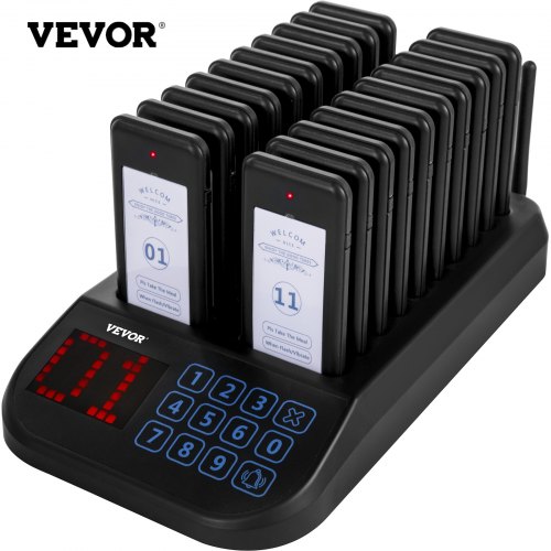 

VEVOR F103 Restaurant Pager System 20 Pagers, Max 98 Beepers Wireless Calling System, Touch Keyboard with Vibration, Flashing and Buzzer for Church, Nurse,Hospital & Hotel