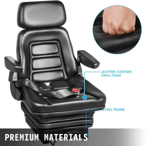 VEVOR Suspension Seat Adjustable Backrest Headrest and Slide Rails Mechanical Suspension Seat Foldable Heavy Duty for Tractor Forklift Excavator