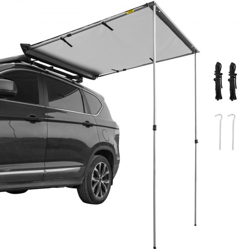 VEVOR Car Side Awning, 6.5'x6.5', Pull-Out Retractable Vehicle Awning Waterproof UV50+, Telescoping Poles Trailer Sunshade Rooftop Tent w/ Carry Bag for Jeep/SUV/Truck/Van Outdoor Camping Travel, Grey