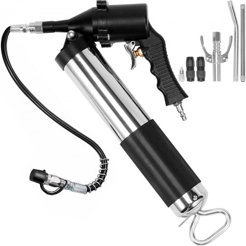 

VEVOR Air Operated Grease Gun, 6000PSI, 14 OZ/400 CC Capacity Heavy Duty Pneumatic Grease Gun, with 18.5 Inch Flexible Hose, 1 Black Flat Coupler Pointed Coupler Bent Metal Pipe Locking Clamp Coupler