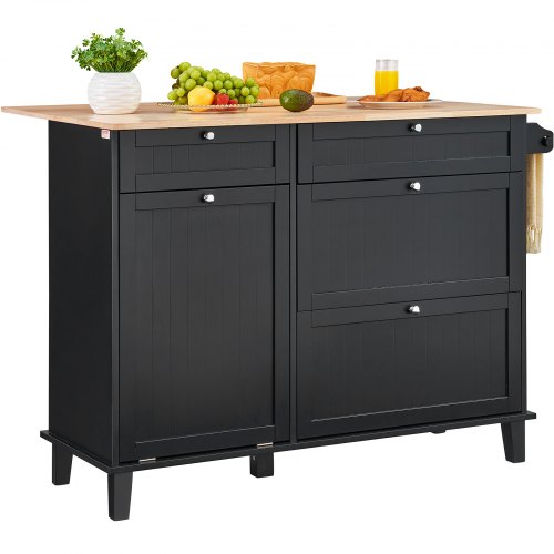 

VEVOR Kitchen Island Cart, 50" Wood Top Breakfast Bar with Trash Cabinet Tilt Out 10 Gallon Storage, Farmhouse Dining Living Room Table with Drop Leaf, Towel Bar, Drawer, Black