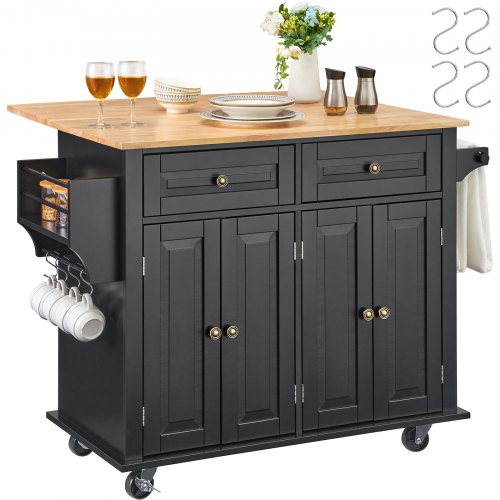 

VEVOR Kitchen Island Cart, 43" Wood Top Mobile Carts with Storage Cabinet, Rolling Table with Drop Leaf, Spice Rack, Towel Bar, Adjustable Shelf, Drawer, and Hooks, Portable Islands on Wheels, Black