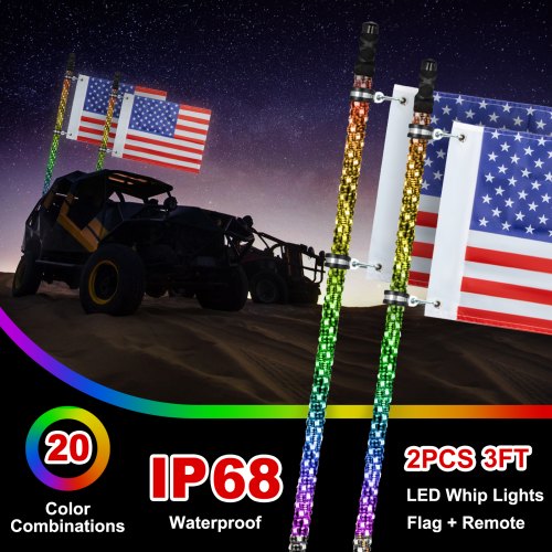 VEVOR 2PC 3FT 360°Spiral LED Whip Lights RGB Color Lighted Whips for UTV ATV 21 Modes,20 Colors,5 Levels,Weatherproof,Off-Road Whip RF Wireless Remote for UTV ATV Polaris Accessories RZR