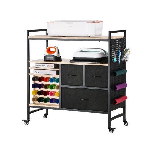 

Rolling Craft Cart and Storage Table with 20 Vinyl Roll Holders 3 Drawers Black