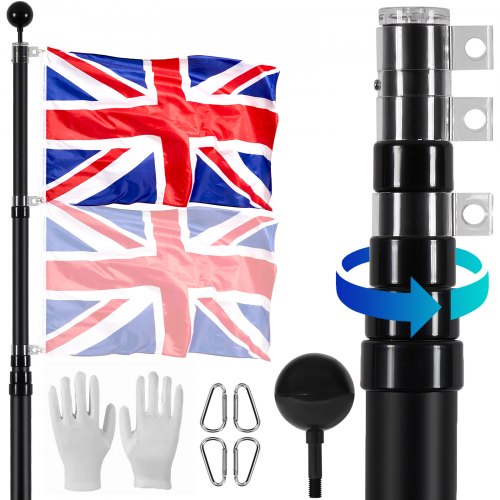 

VEVOR 20FT Telescopic Flagpole Kit Heavy Duty Aluminum Flag Pole British Black