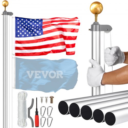 

VEVOR 25FT Detachable Flagpole Kit Heavy Duty Aluminum Flag Pole American Silver