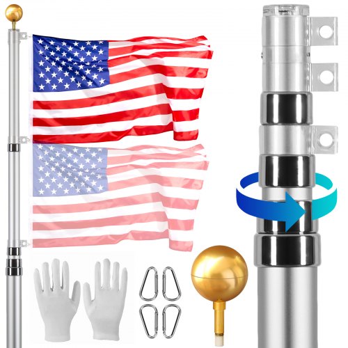 

VEVOR 20FT Telescopic Flagpole Kit, Heavy Duty Aluminum Alloy Flag Pole Kit in Ground for Outside, 3 Display Modes Flagpole with Professional Accessories, Silver