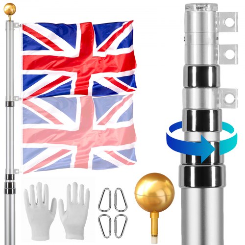 

VEVOR 20FT Telescopic Flagpole Kit Heavy Duty Aluminum Flag Pole British Silver