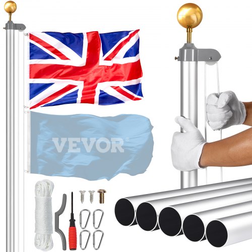 

VEVOR 20FT Detachable Flagpole Kit Heavy Duty Aluminum Flag Pole British Silver