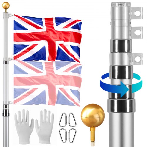 

VEVOR 25FT Telescopic Flagpole Kit Heavy Duty Aluminum Flag Pole British Silver