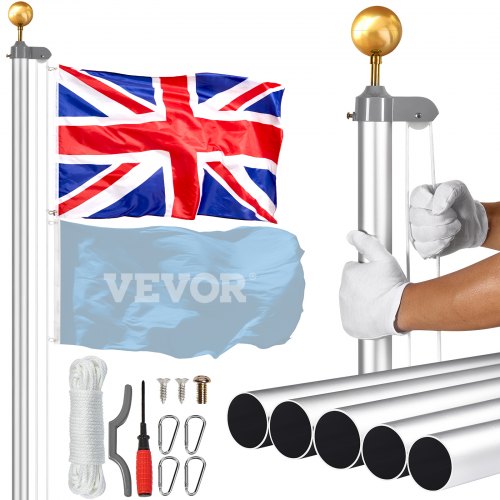 

VEVOR 25FT Detachable Flagpole Kit Heavy Duty Aluminum Flag Pole British Silver