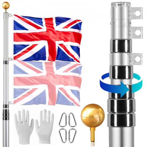 

VEVOR 30FT Telescopic Flagpole Kit Heavy Duty Aluminum Flag Pole British Silver