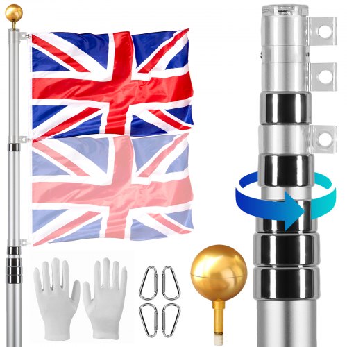 

VEVOR 30FT Telescopic Flagpole Kit Heavy Duty Aluminum Flag Pole British Silver