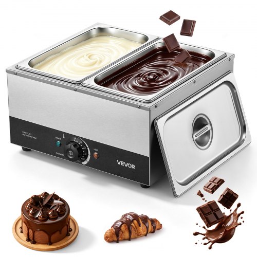 VEVOR Chocolate Melting Machine, 2 Tanks 17.6 Lbs Choc Commercial Melter, 1200W High Power, Water Bath Heating System, Stainless Steel Body, 86℉- 185℉