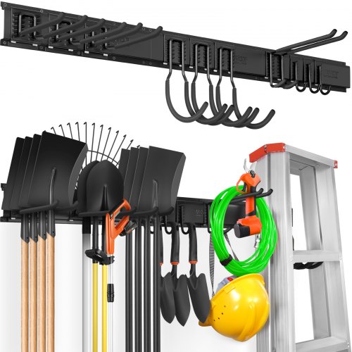 

VEVOR Garage Tool Organizer, 600 lbs Max Load Capacity, Wall Mount Yard Garden Storage Rack Organization Heavy Duty with 10 Adjustable Hooks and 4 Rails, for Garden Tools, Shovels, Trimmers, and Hoses