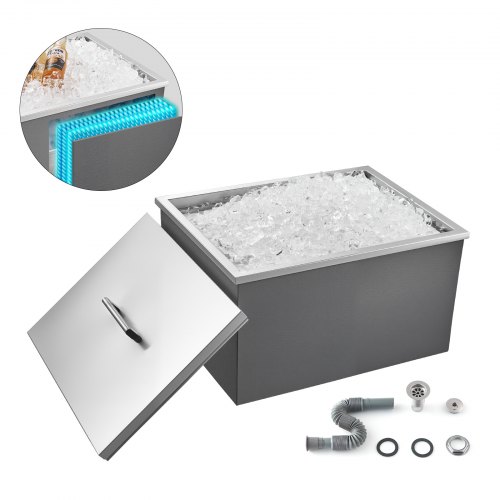 VEVOR Drop in Ice Chest, 22″L x 17″W x 12″H Stainless Steel Drop in Cooler, 45.3 Quart Commercial Ice Bin with Pot Lid for Outdoor Kitchen Patio Bar,