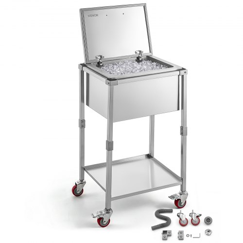 

VEVOR Rolling Ice Chest Cooler Cart Stainless Steel Cooling Bin 57.7 Quart, Outdoor Stand Up Cooler Trolley with Wheels, Flip Lid, and Shelf, for Patio Backyard Party Bar Cold Drinks, 22x17.9x39.5 in