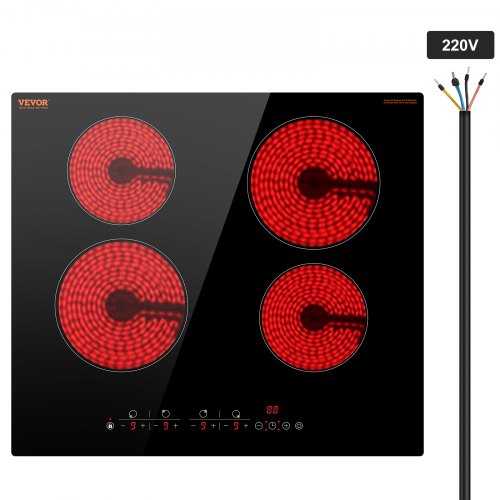 

VEVOR Electric Cooktop, 24 inch 4 Burners Built-in Electric Stove Top, 6000W Ceramic Top Radiant Cooktop with Glass Panel, Touch Control, Timer, Child Lock, 9 Heat Level, 220-240V, Hard Wire (No Plug)