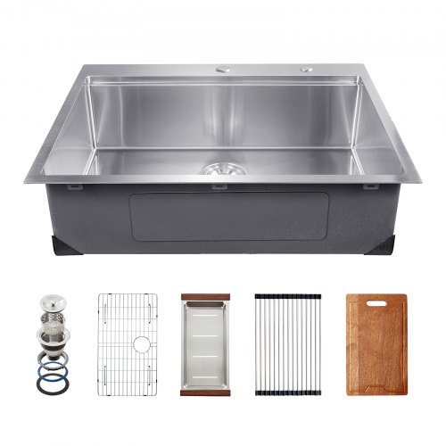 

VEVOR 30 inch Kitchen Sink Workstation, 304 Stainless Steel Top Mount Sinks, Drop-In Single Bowl Farmhouse Basin with Ledge & Multiple Accessories, Household Dishwasher Sink for RV, Prep Kitchen, Bar