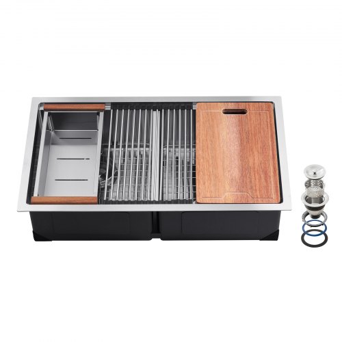 

VEVOR 33 inch Kitchen Sink Workstation, 304 Stainless Steel Undermount Sink, Drop-In Double Bowl Farmhouse Basin with Ledge & Multiple Accessories, Household Dishwasher Sinks for RV, Prep Kitchen, Bar