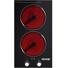 VEVOR Built in Electric Stove Top, 11 inch 2 Burners, 220V Ceramic Glass Radiant Cooktop with Knob Control, Timer & Child Lock Included, 9 Power Levels with Boost Function for Simmer Steam Fry, Black