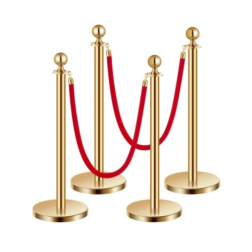 VEVOR Stanchions and Velvet Ropes 4Pcs, Hollow Base with Stainless Steel Post, 3 Red Velvet Ropes and Posts, Crowd Control Barriers Gold Stanchions, R
