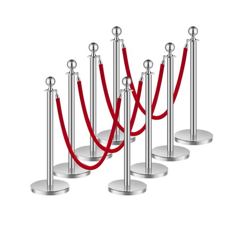 

VEVOR 8 Pcs Silver Stanchion Post 4 Red Velvet Ropes Sand Injection Hollow Base