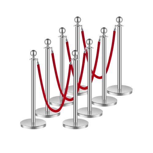 

VEVOR Stanchions and Velvet Ropes 8Pcs, Hollow Base with Stainless Steel Post, 4 Red Velvet Ropes and Posts, Crowd Control Barriers Silver Stanchions, Red Carpet Runner Poles for Party Supplies