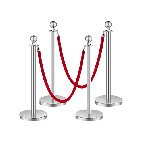 

VEVOR 4 Pcs Silver Stanchion Post 2 Red Velvet Ropes Sand Injection Hollow Base