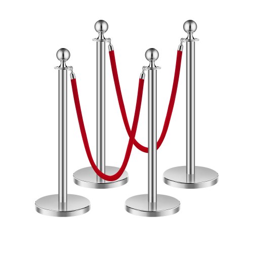 

VEVOR 4 Pcs Silver Stanchion Post 2 Red Velvet Ropes Sand Injection Hollow Base