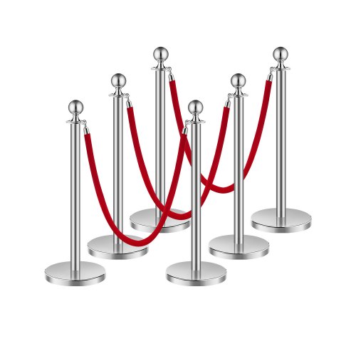 

VEVOR 6 Pcs Silver Stanchion Post 3 Red Velvet Ropes Sand Injection Hollow Base