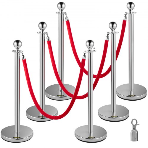 

VEVOR 6PCS Red Rope Stanchion Silver Post Crowd Control Queue Line Barrier